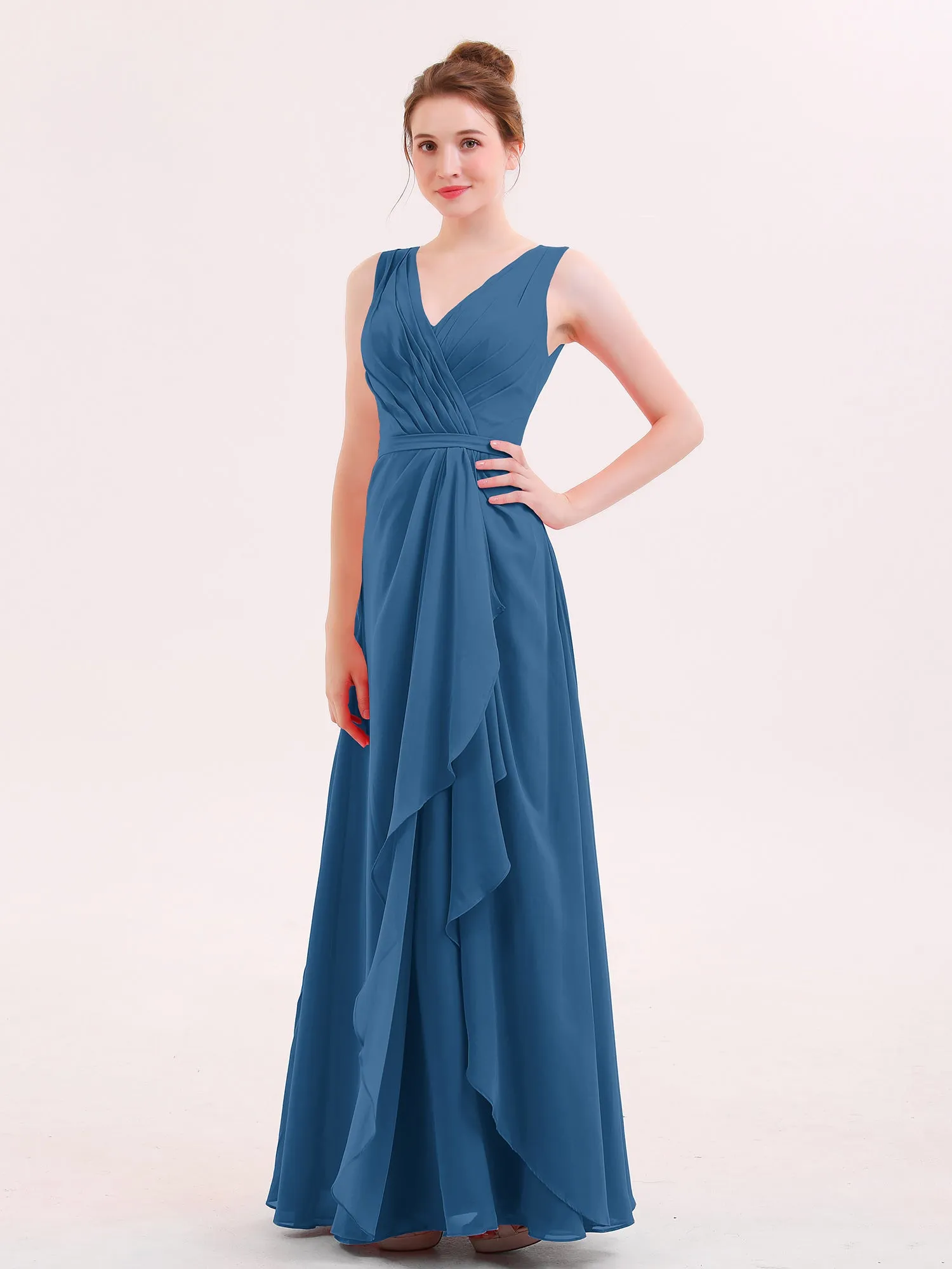 A-line Chiffon Open Back Dress With V-Neck Ink Blue