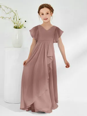 A-line Flutter Sleeves Junior Bridesmaid Dresses Vintage Mauve