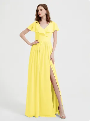 Cap Sleeves Long Chiffon Dresses with Slit-Lemon