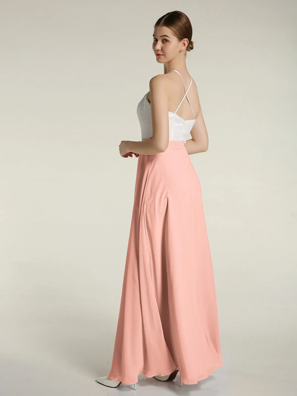 Chiffon Long Dresses with Ivory Lace Bodice-Coral Plus Size
