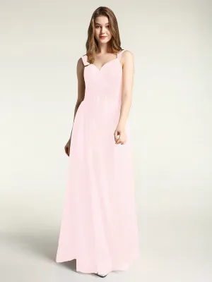 Cross-Pleated Tulle Long Dresses with Beaded Straps Blushing Pink