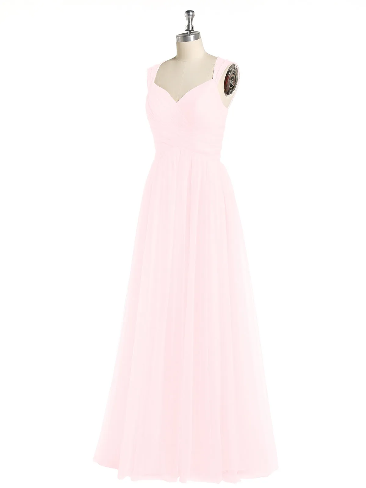 Cross-Pleated Tulle Long Dresses with Beaded Straps Blushing Pink