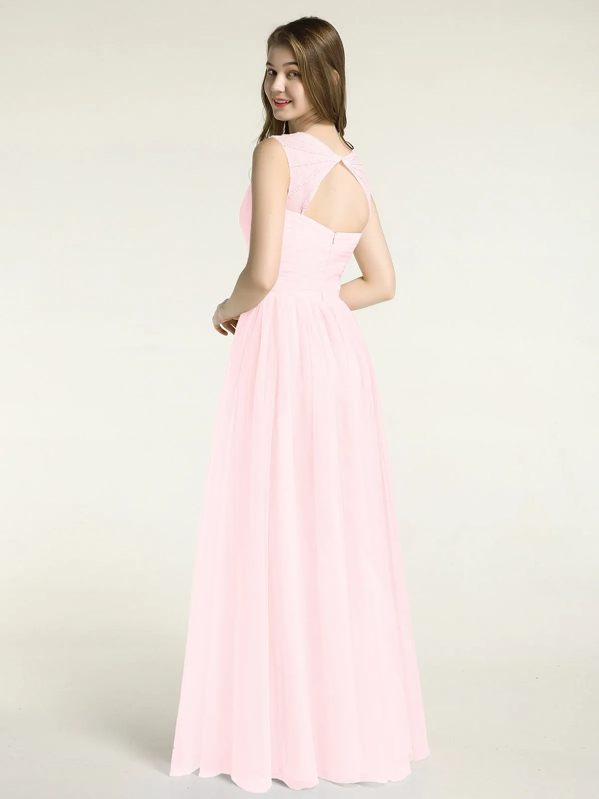 Cross-Pleated Tulle Long Dresses with Beaded Straps Blushing Pink