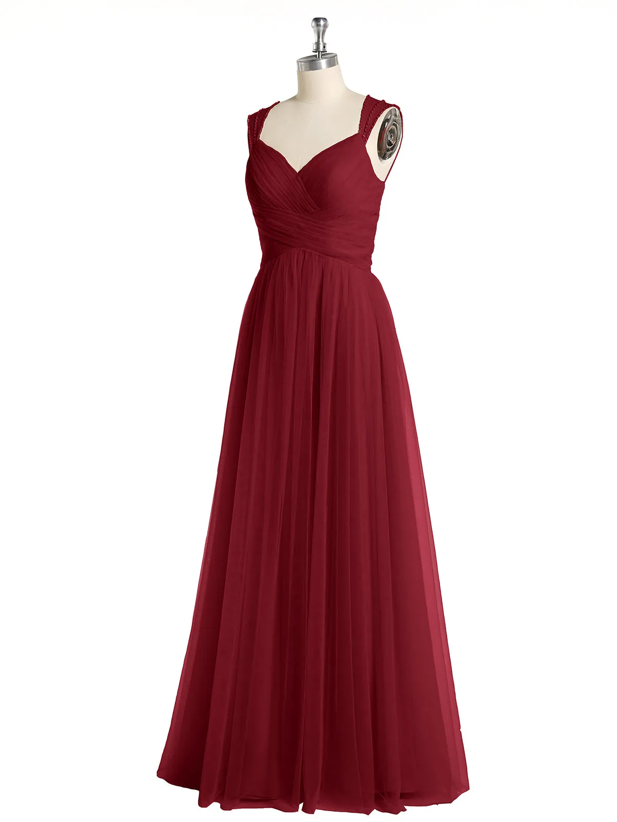 Cross-Pleated Tulle Long Dresses with Beaded Straps Burgundy Plus Size