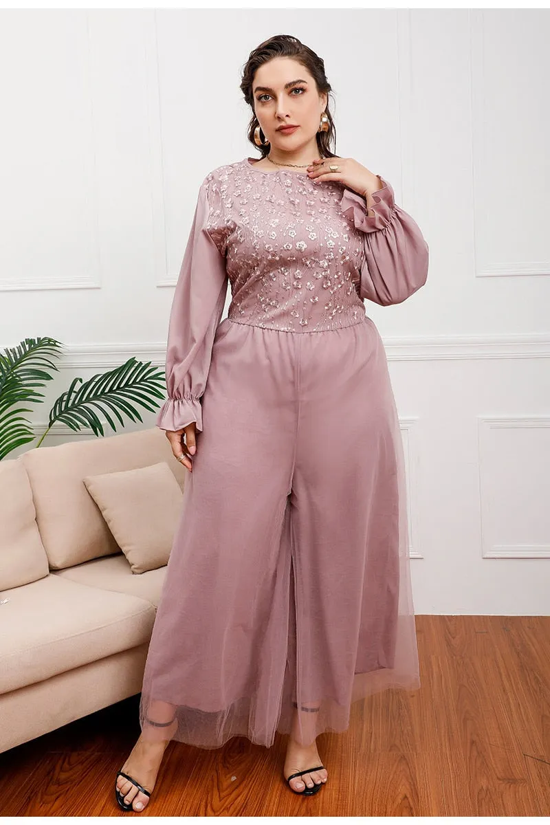 Embroidered Leaf Cuffs Elegant Jumpsuit