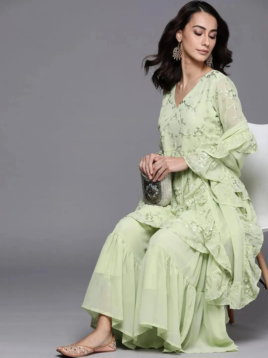 Green Embroidered Georgette A-Line Kurta With Sharara & Dupatta