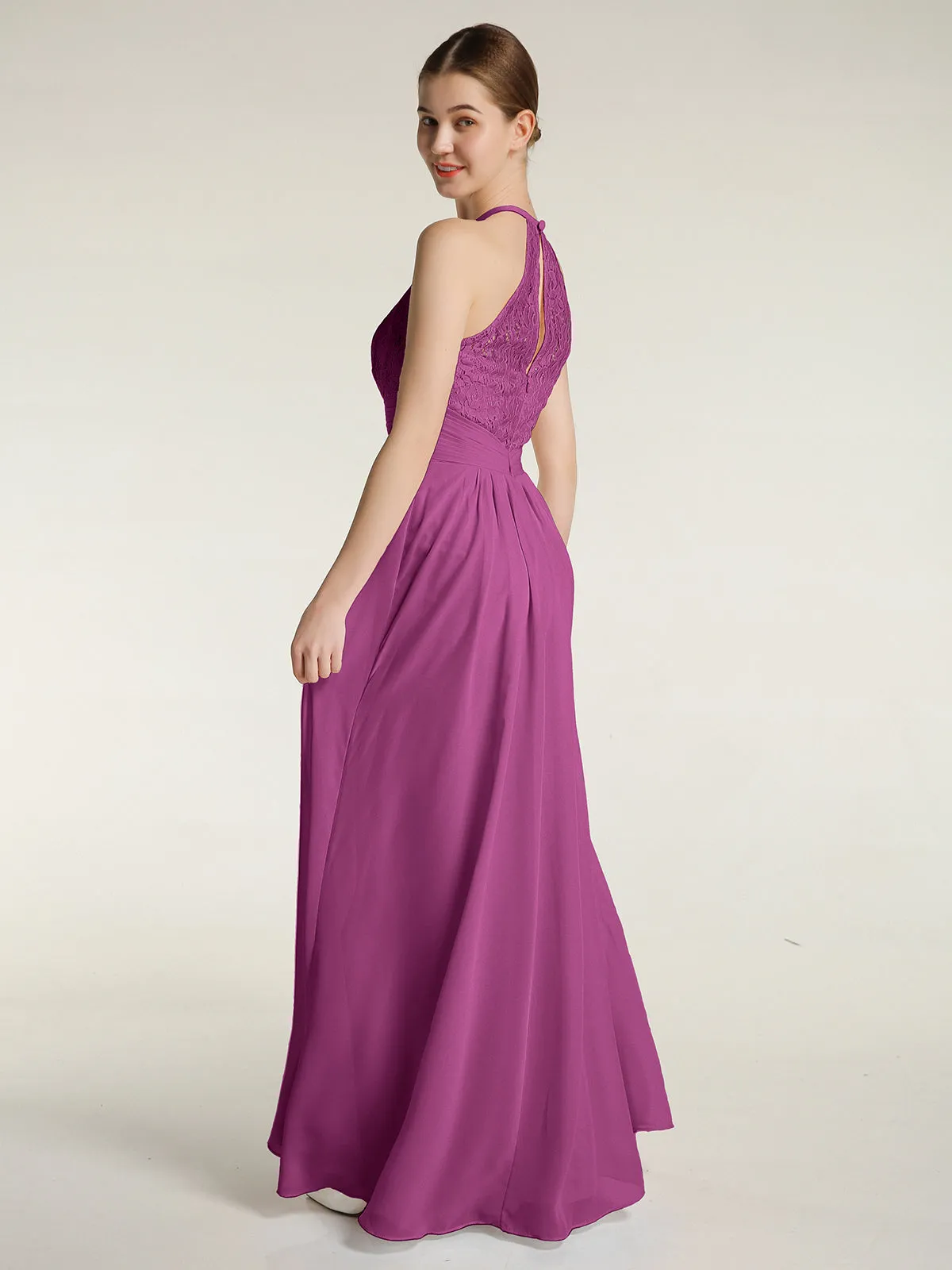 Halter Chiffon And Lace Long Dresses Orchid