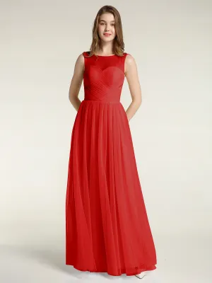 Illusion Neck Cross Tulle Bridesmaid Dresses-Red