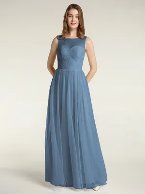 Illusion Neck Cross Tulle Bridesmaid Dresses-Slate Blue Plus Size