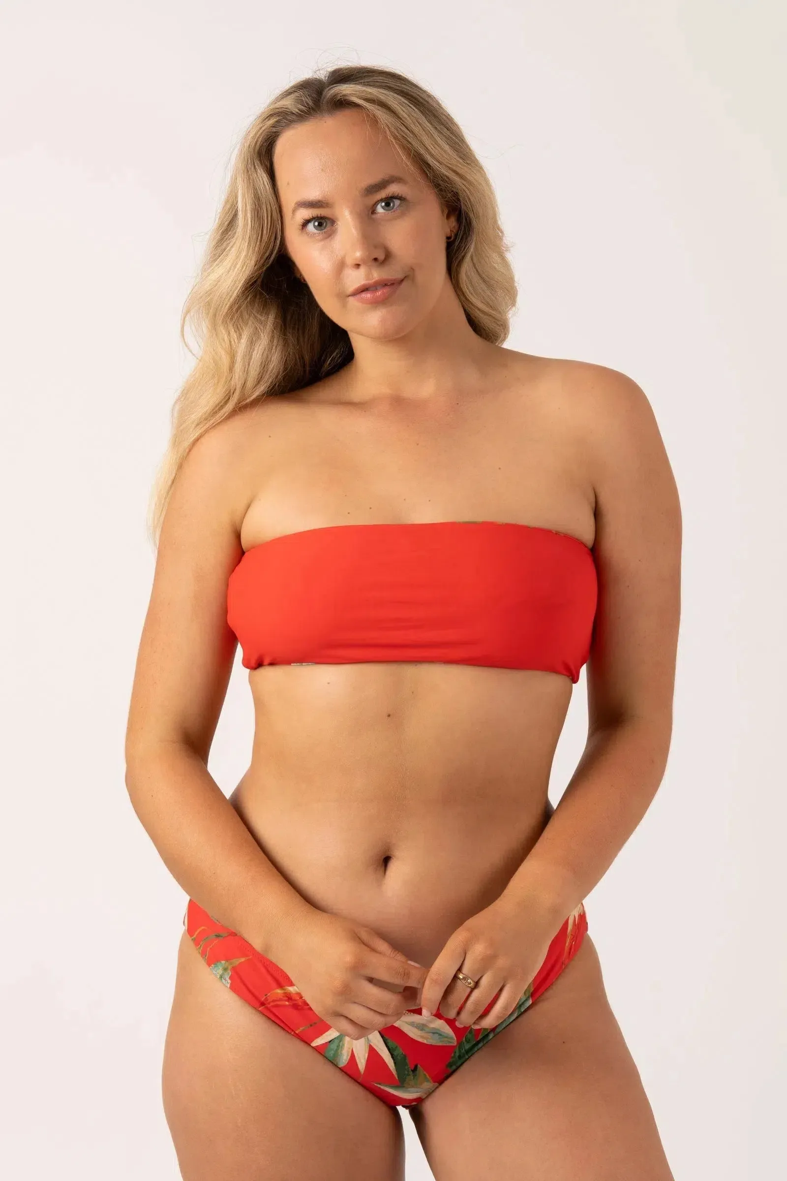 Silky Reversible Bandeau Bow Bikini Top - Flame Tropico